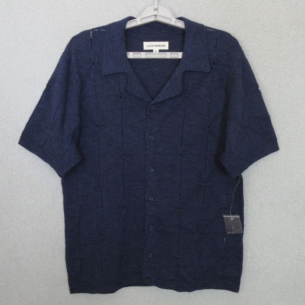 Lucky Brand‎ Cardigan Mens M Navy Short Sleeve Button Front Knit Open Weave